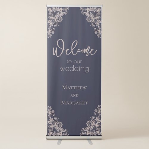 Navy Blue and Lace Welcome to Our Wedding Retractable Banner