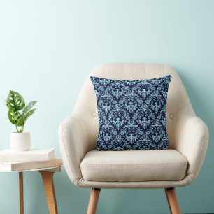 Navy Blue and Light Blue Damask Pattern Throw Pillow