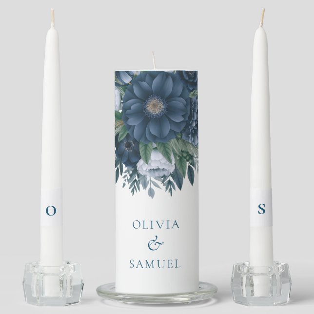 Navy blue and light blue elegant wedding  unity candle set (Front)