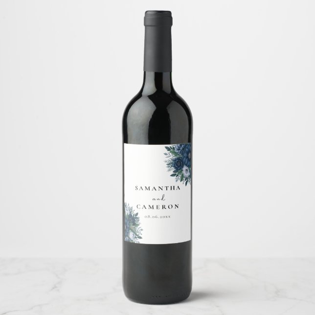 Navy blue and light blue elegant wedding  wine label (Front)