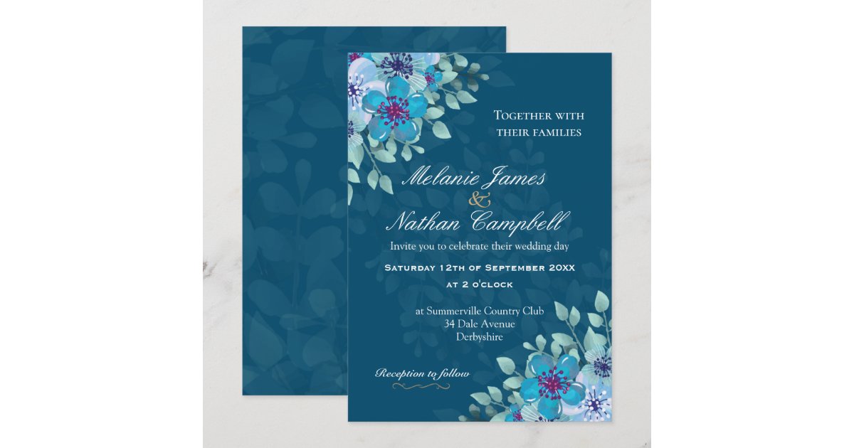 Navy Blue and Light Blue Watercolor Floral Elegant Invitation | Zazzle