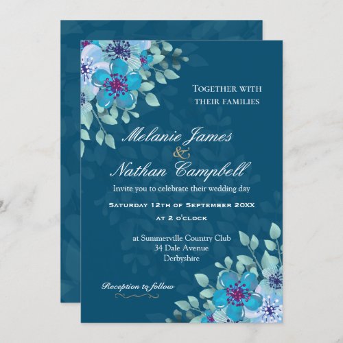 Navy Blue and Light Blue Watercolor Floral Elegant Invitation