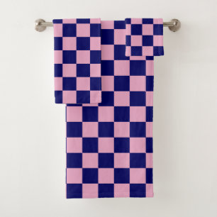 Navy Blue and Light Pink Checkerboard Pattern Bath Towel Set