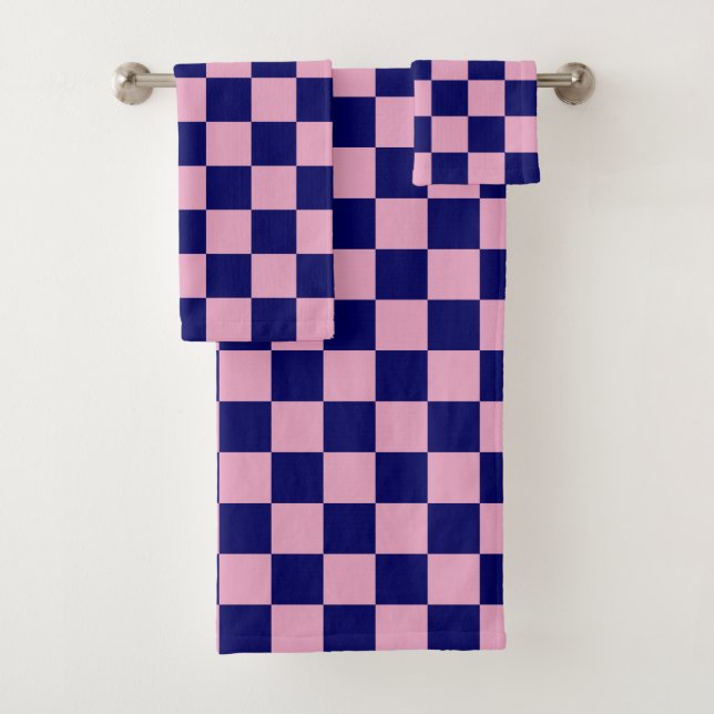 Navy Blue and Light Pink Checkerboard Pattern Bath Towel Set (Insitu)
