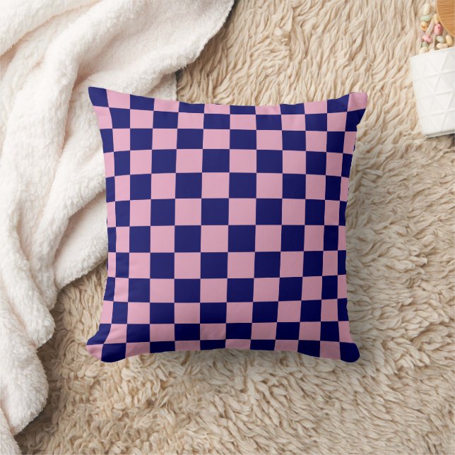 Navy Blue and Light Pink Checkerboard Pattern Throw Pillow (Blanket)