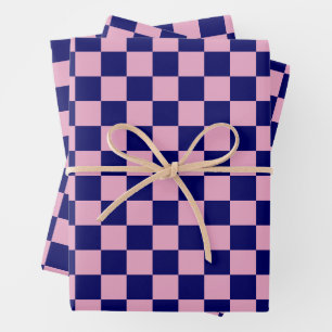 Navy Blue and Light Pink Checkerboard Pattern Wrapping Paper Sheets
