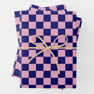 Navy Blue and Light Pink Checkerboard Pattern Wrapping Paper Sheets