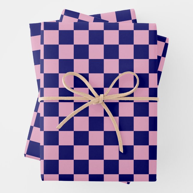 Navy Blue and Light Pink Checkerboard Pattern Wrapping Paper Sheets (In situ)