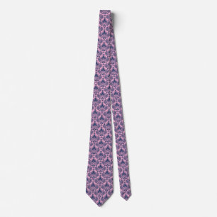 Navy-blue and light pink vintage damasks pattern neck tie