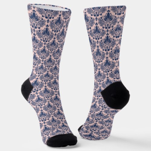 Navy-blue and light pink vintage damasks pattern socks