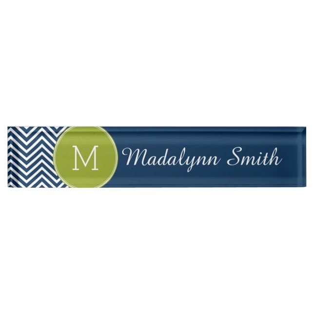 Navy Blue and Lime Green Chevrons Custom Monogram Desk Name Plate (Front)