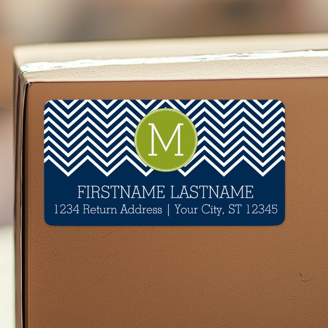 Navy Blue and Lime Green Chevrons Custom Monogram Label (Personalized return address label)