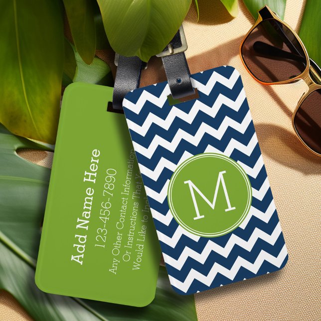 Navy Blue and Lime Green Chevrons Custom Monogram Luggage Tag (Personalized luggage tag - Add Your contact information and monogram)