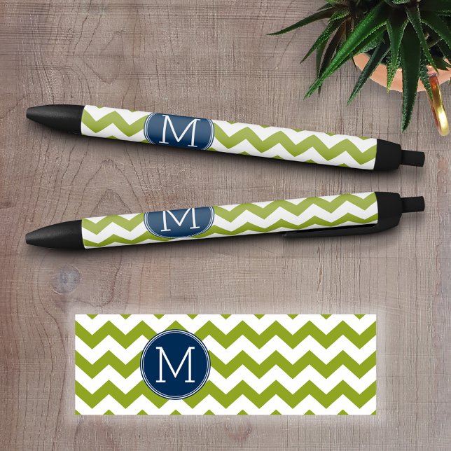 Navy Blue and Lime Green Chevrons Custom Monogram Pen (Personalized Writing Pens)