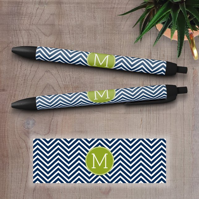 Navy Blue and Lime Green Chevrons Custom Monogram Pen (Personalized Writing Pens)