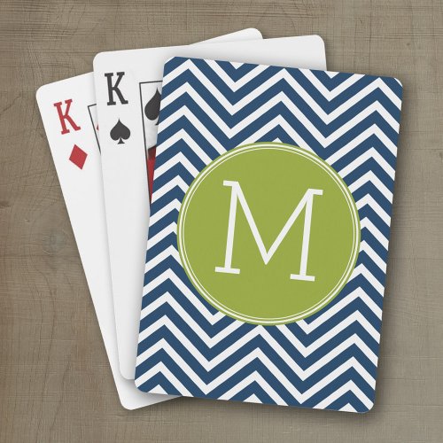 Navy Blue and Lime Green Chevrons Custom Monogram Poker Cards