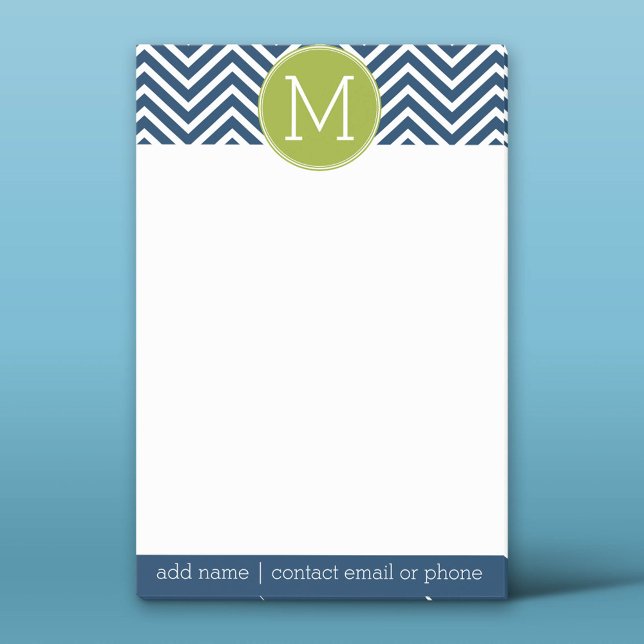 Navy Blue and Lime Green Chevrons Custom Monogram Post-it Notes (Custom Post-it Notepad)