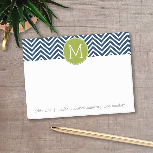 Navy Blue and Lime Green Chevrons Custom Monogram Post_it Notes