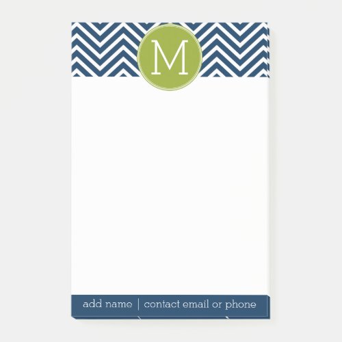 Navy Blue and Lime Green Chevrons Custom Monogram Post_it Notes