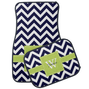 Navy Blue and Lime Green Chevrons Monogrammed Car Mat