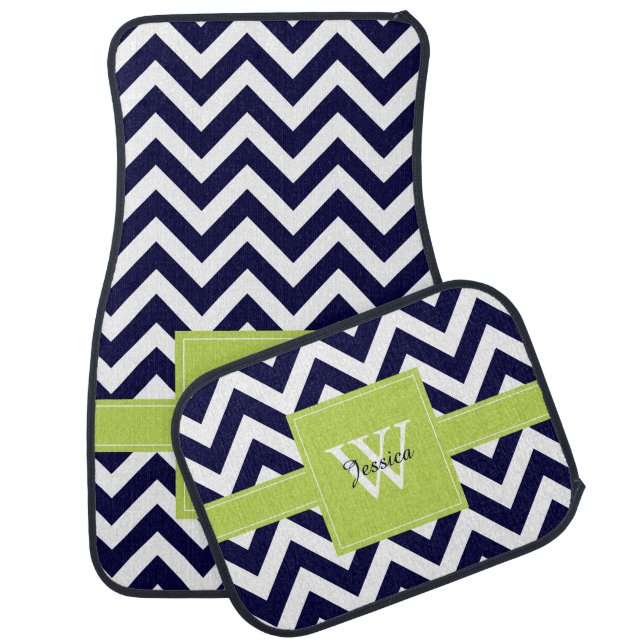 Navy Blue and Lime Green Chevrons Monogrammed Car Mat (Set)