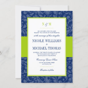 Navy Blue and Lime Green Damask Wedding Invitation