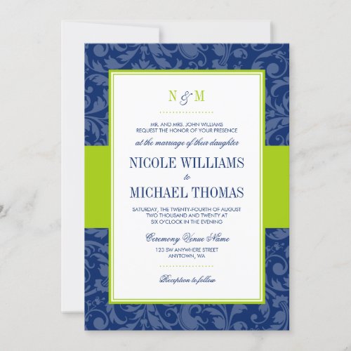 Navy Blue and Lime Green Damask Wedding Invitation