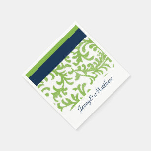 Navy Blue and Lime Green Floral Damask Paper Napkins