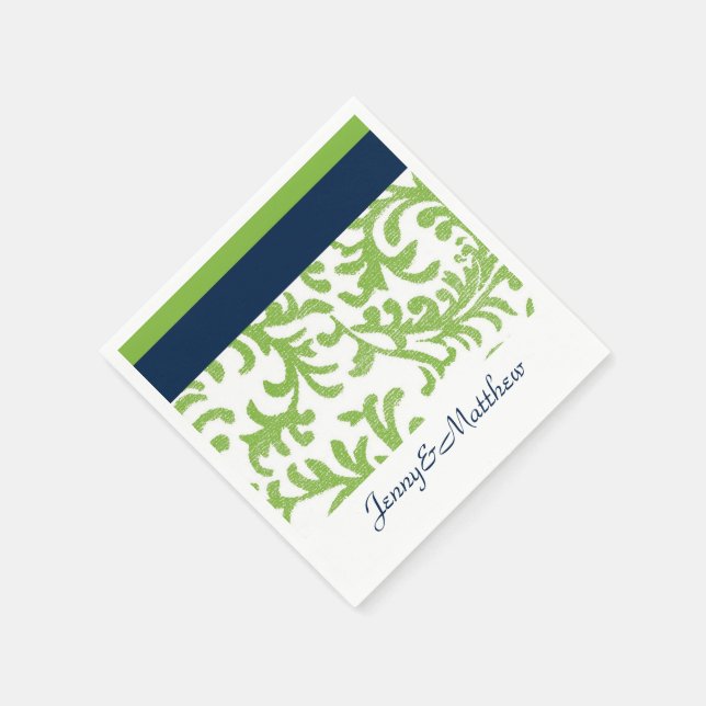 Navy Blue and Lime Green Floral Damask Paper Napkins (Corner)