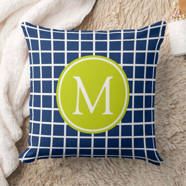 Navy Blue and Lime Green Lattice Monogram Throw Pillow (Blanket)