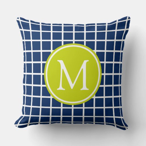 Navy Blue and Lime Green Lattice Monogram Throw Pillow