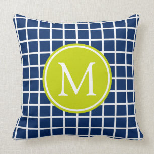 Navy Blue and Lime Green Lattice Monogram Throw Pillow