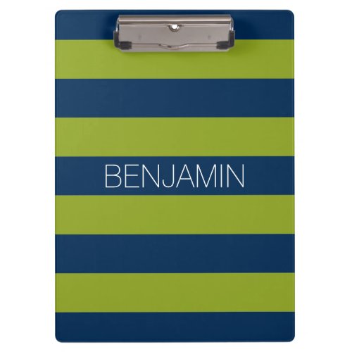 Navy Blue and Lime Green Rugby Stripes Custom Name Clipboard
