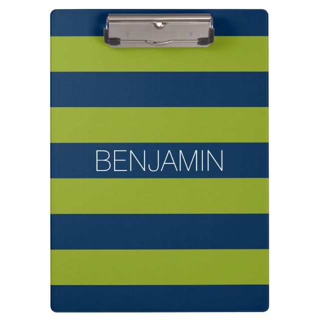 Navy Blue and Lime Green Rugby Stripes Custom Name Clipboard (Front)