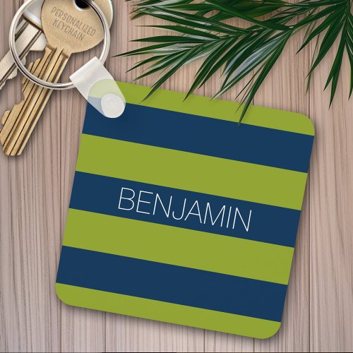 Navy Blue and Lime Green Rugby Stripes Custom Name Keychain