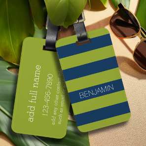 Navy Blue and Lime Green Rugby Stripes Custom Name Luggage Tag