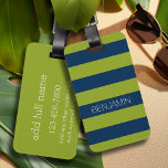 Navy Blue And Lime Green Rugby Stripes Custom Name Luggage Tag at Zazzle