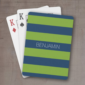 Navy Blue And Lime Green Rugby Stripes Custom Name Playing Cards by MarshBaby at Zazzle