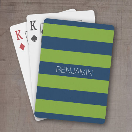 Navy Blue And Lime Green Rugby Stripes Custom Name Playing Cards
