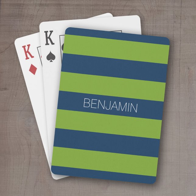 Navy Blue and Lime Green Rugby Stripes Custom Name Poker Cards (Personalized playing cards - sporty, preppy stripe pattern with name. Great gift for the guys!)