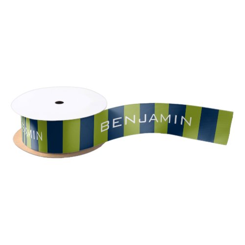 Navy Blue and Lime Green Rugby Stripes Custom Name Satin Ribbon