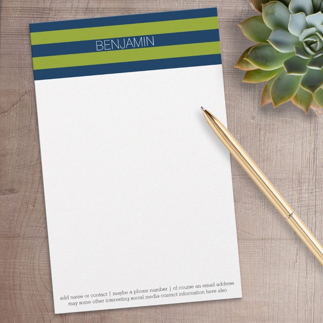 Navy Blue and Lime Green Rugby Stripes Custom Name Stationery (Personalized Stationery)