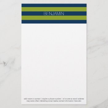 Navy Blue And Lime Green Rugby Stripes Custom Name Stationery by MarshBaby at Zazzle