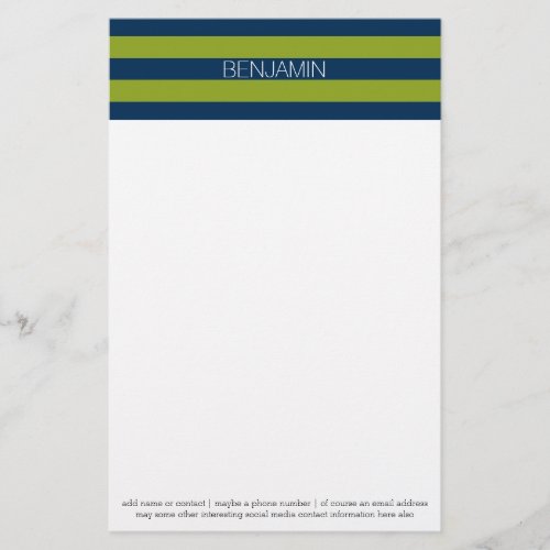 Navy Blue and Lime Green Rugby Stripes Custom Name Stationery