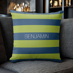 Navy Blue and Lime Green Rugby Stripes Custom Name Throw Pillow