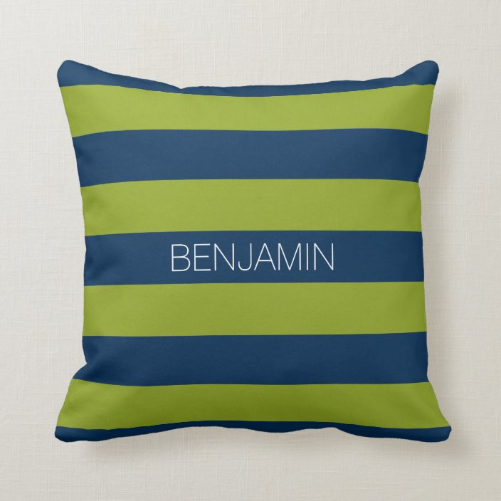 Navy Blue And Lime Green Rugby Stripes Custom Name Throw Pillow Zazzle Com