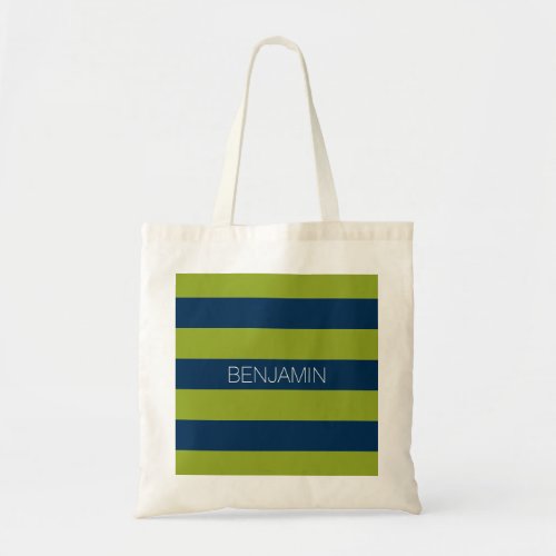 Navy Blue and Lime Green Rugby Stripes Custom Name Tote Bag