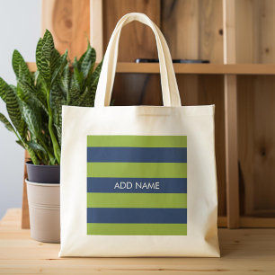 Navy Blue and Lime Green Rugby Stripes Custom Name Tote Bag