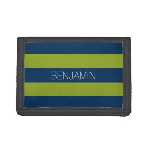 Navy Blue and Lime Green Rugby Stripes Custom Name Trifold Wallet