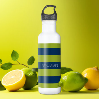 Navy Blue And Lime Green Rugby Stripes Custom Name Water Bottle by MarshBaby at Zazzle